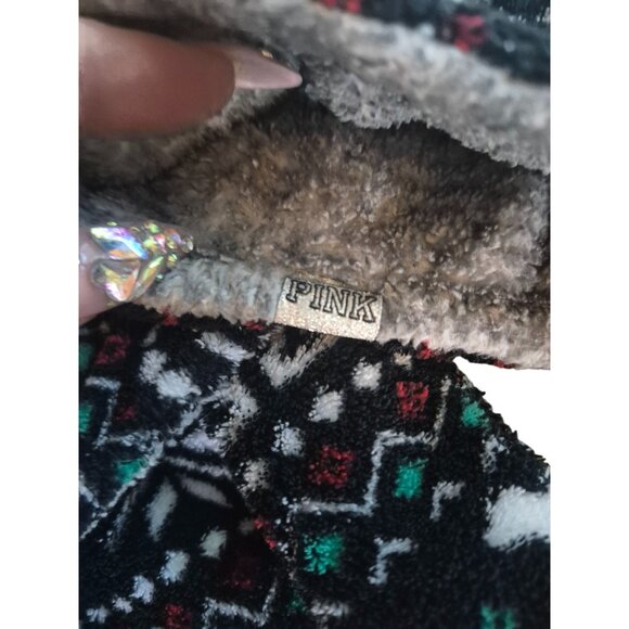 Victorias Secret Pink XS/S Hooded Sherpa-Lined Bathrobe Black Fair Isle Print - Picture 4 of 6